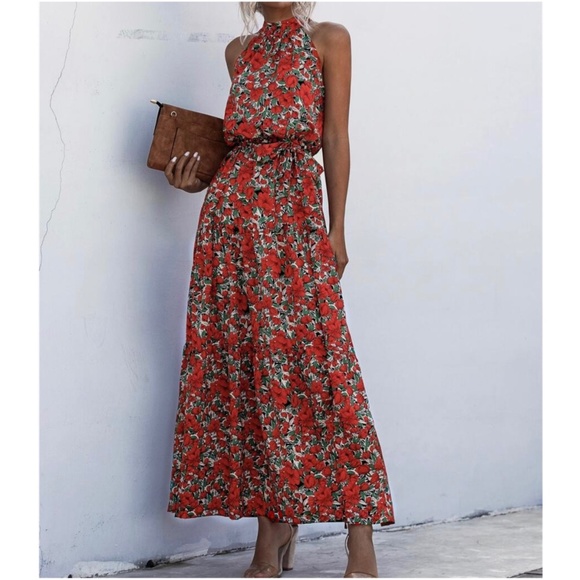 BellanBlue Dresses & Skirts - 10 - Boho Red Floral Print Romantic Halter Maxi Dress
